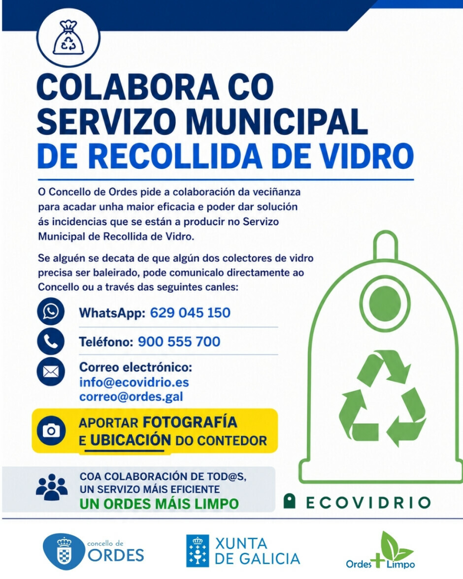O Concello de Ordes activa unha campaña de colaboración cidadá para mellorar o servizo de recollida de vidro 