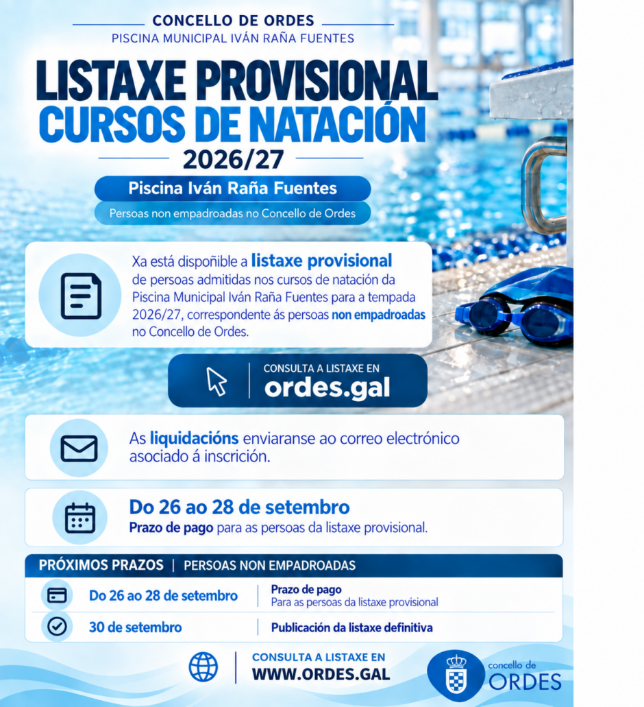 LISTAXE PROVISIONAL DOS CURSOS DE NATACIÓN 2026/27 PARA PERSOAS NON EMPADROADAS