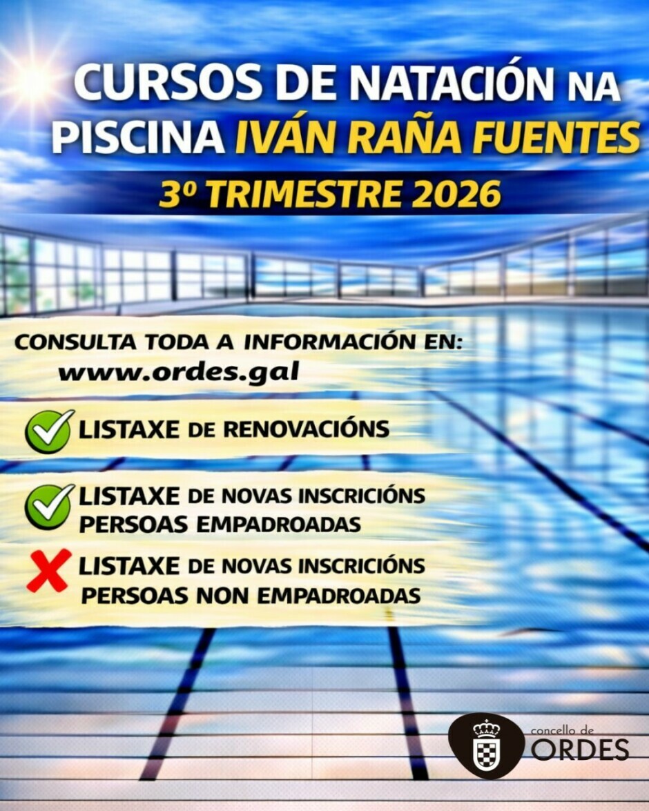RENOVACIÓNS E NOVAS INSCRICIÓNS PARA O 3º TRIMESTRE DOS CURSOS DE NATACIÓN NA PISCINA IVÁN RAÑA FUENTES