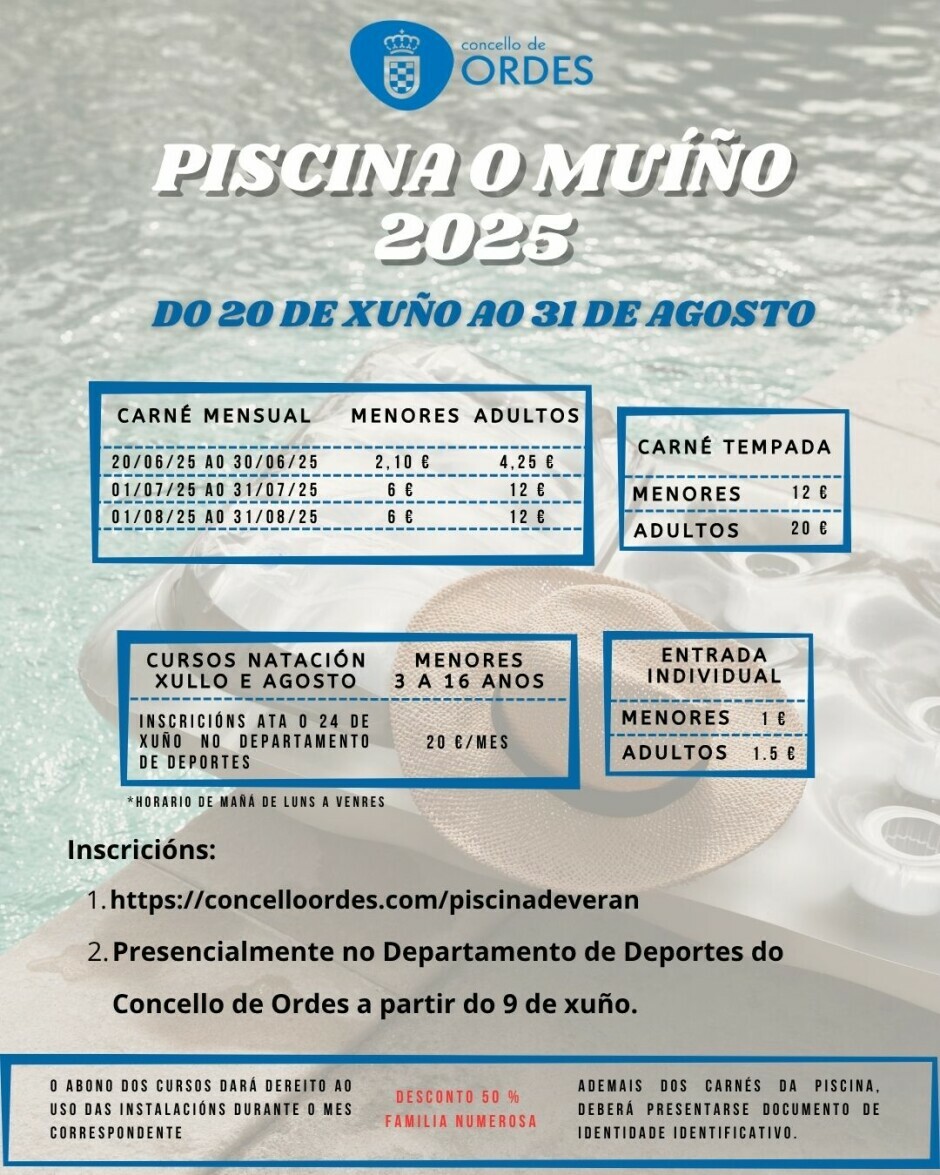 A tempada de verán da piscina do Muíño irá do 20 de xuño ao 31 de agosto