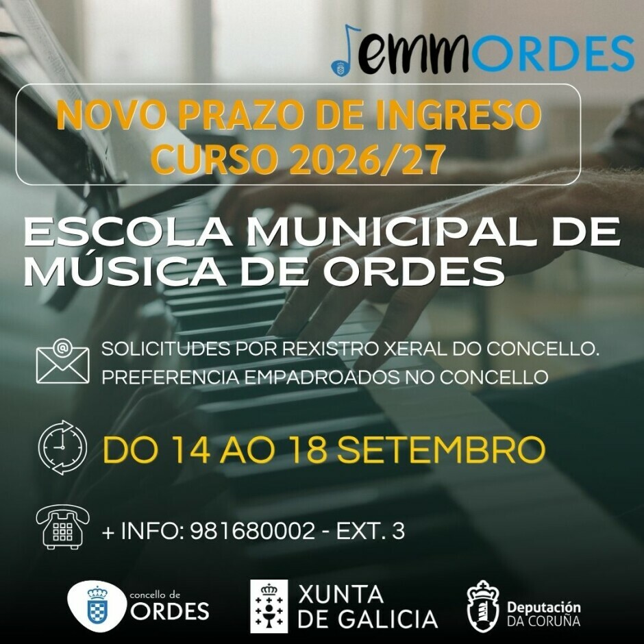 A Escola Municipal de Música de Ordes abre un prazo extraordinario de matrícula para o curso 2026-27