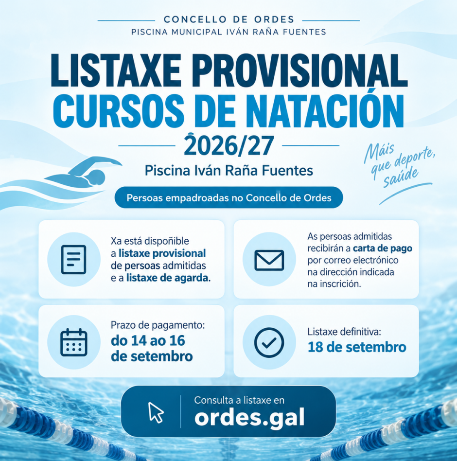 CURSOS DE NATACIÓN DA PISCINA MUNICIPAL “IVAN RAÑA FUENTES” TEMPADA 2026/27 PARA PERSOAS EMPADROADAS NO CONCELLO DE ORDES. LISTAXE PROVISIONAL DE ADMITIDOS/AS E LISTAXE DE AGARDA