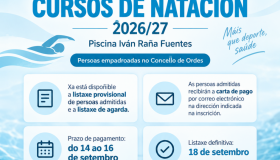 CURSOS DE NATACIÓN DA PISCINA MUNICIPAL “IVAN RAÑA FUENTES” TEMPADA 2026/27 PARA PERSOAS EMPADROADAS NO CONCELLO DE ORDES. LISTAXE PROVISIONAL DE ADMITIDOS/AS E LISTAXE DE AGARDA