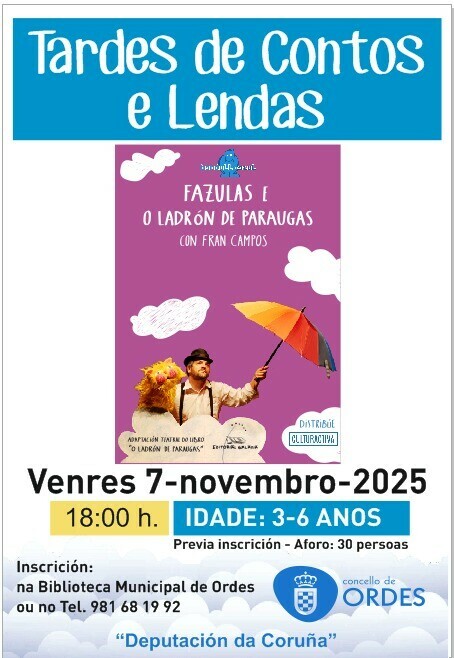 Fazulas e o ladrón de paraugas, este venres nas Tardes de Contos e Lendas da biblioteca