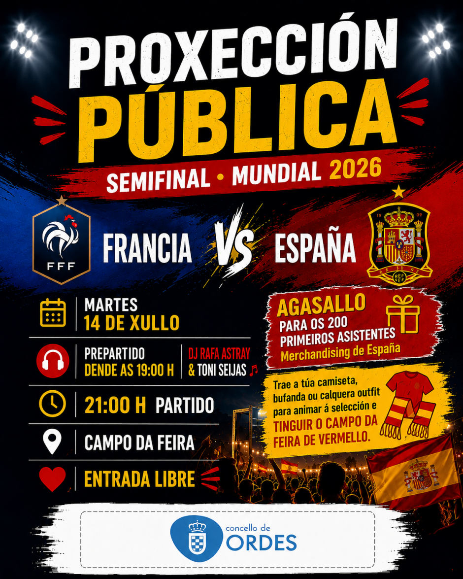 O Concello de Ordes instalará unha pantalla xigante no Campo da Feira para vivir a semifinal do Mundial